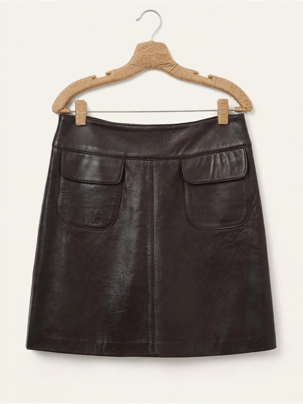 Jangal 100% Genuine Leather Mini Skirt Size 10 Brown Patch Pocket Y2K Vintage